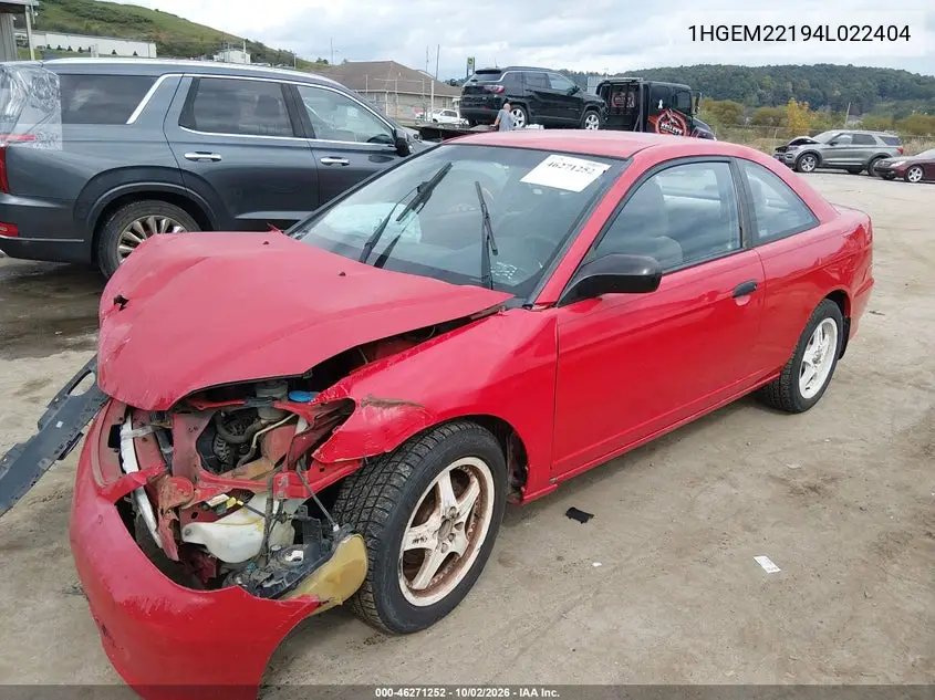 2004 HONDA CIVIC VIN 1HGEM22194L022404 — фото 2