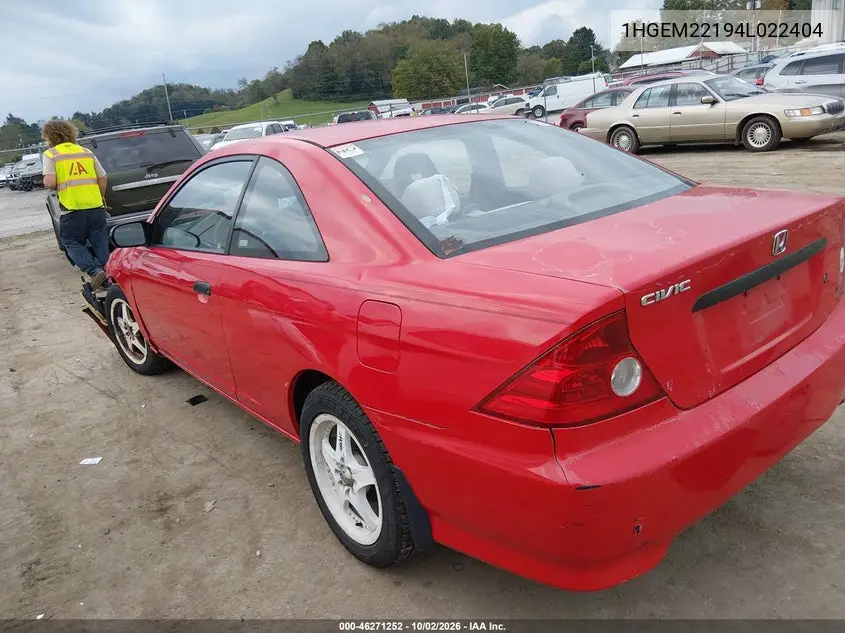 2004 HONDA CIVIC VIN 1HGEM22194L022404 — фото 3