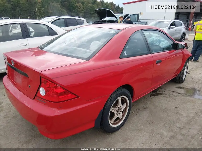 2004 HONDA CIVIC VIN 1HGEM22194L022404 — фото 4