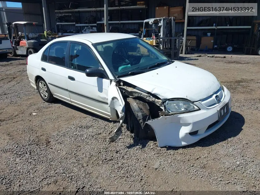 HONDA CIVIC 2004, VIN 2HGES16374H533392