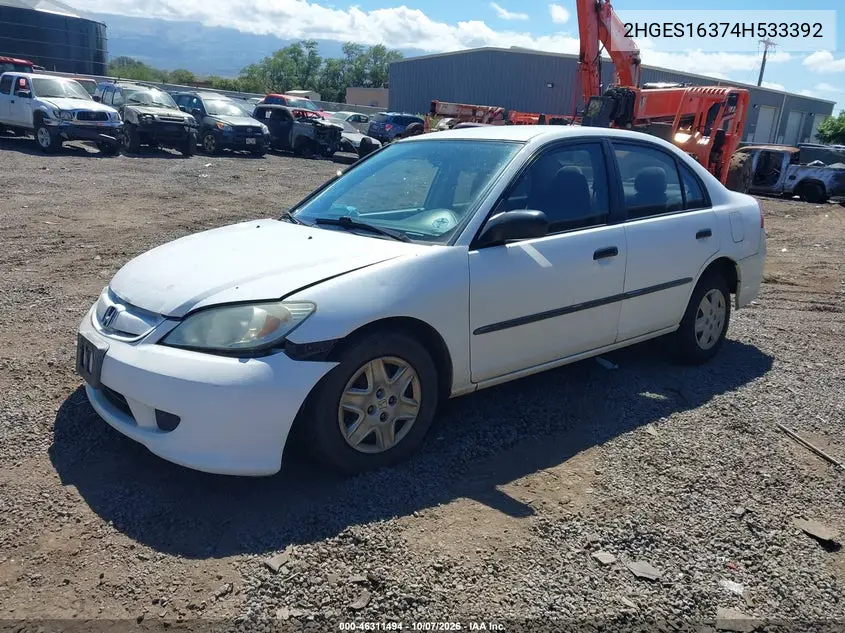 2004 HONDA CIVIC VIN 2HGES16374H533392 — фото 2