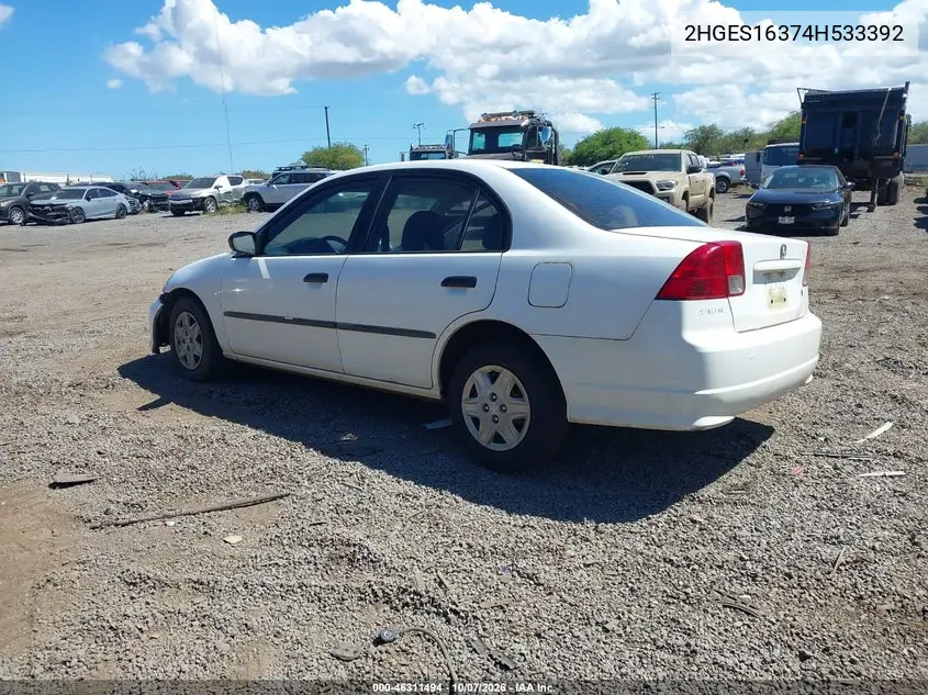 2004 HONDA CIVIC VIN 2HGES16374H533392 — фото 3