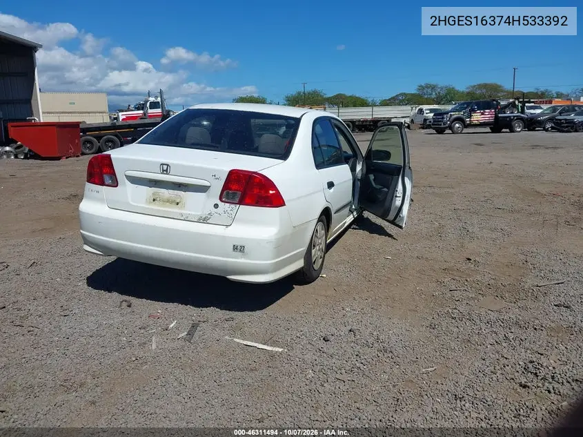 2004 HONDA CIVIC VIN 2HGES16374H533392 — фото 4