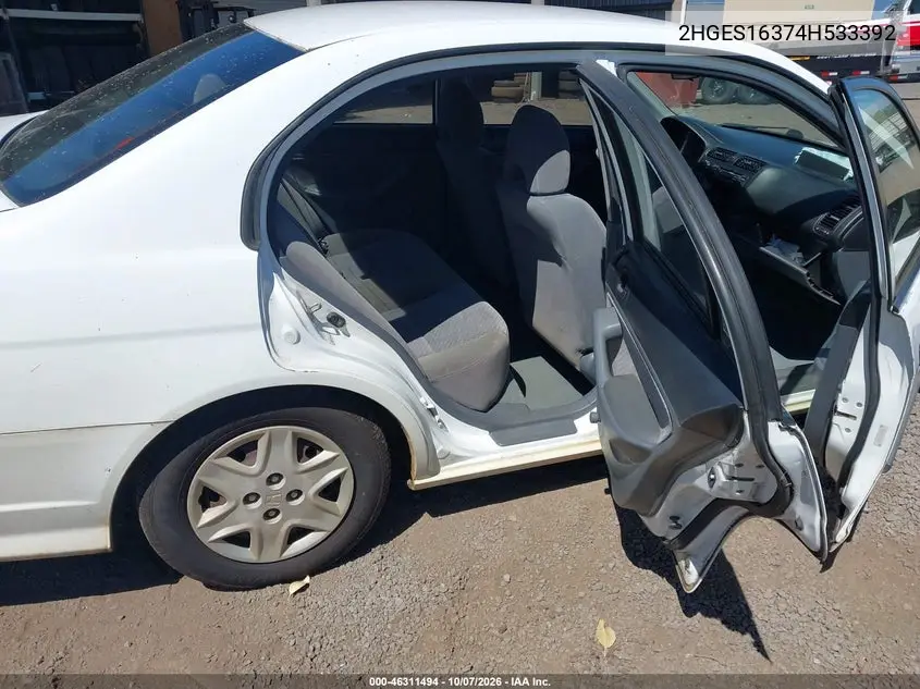2004 HONDA CIVIC VIN 2HGES16374H533392 — фото 8
