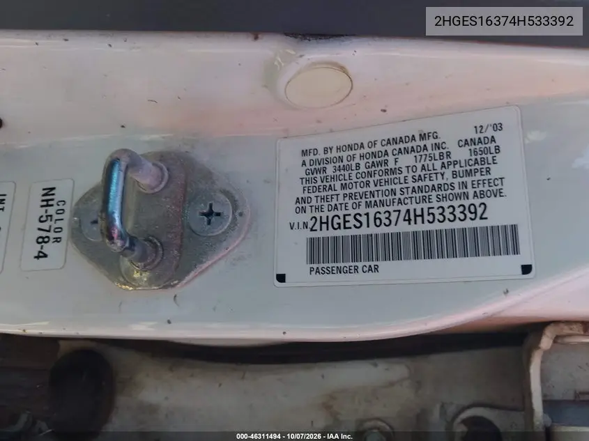 2004 HONDA CIVIC VIN 2HGES16374H533392 — фото 9