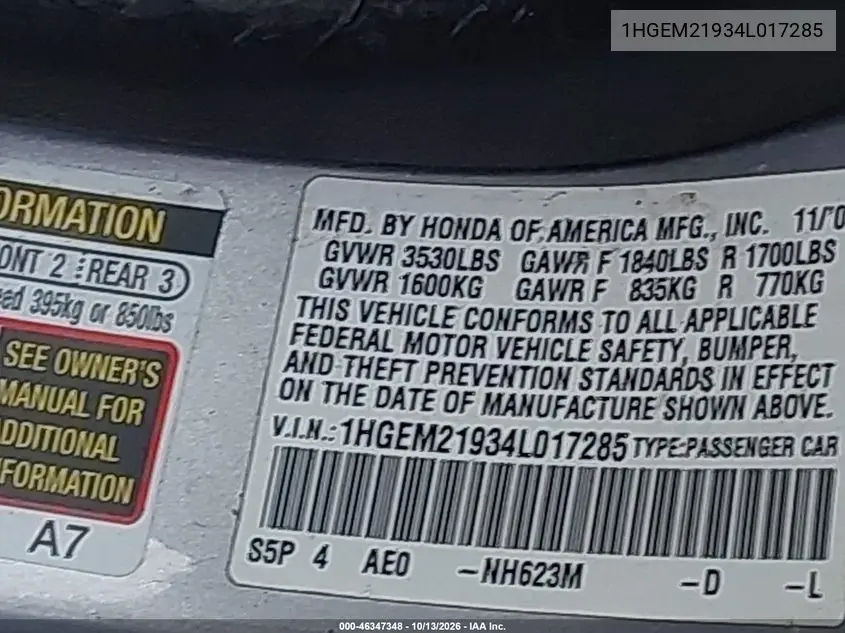 2004 HONDA CIVIC VIN 1HGEM21934L017285 — фото 9