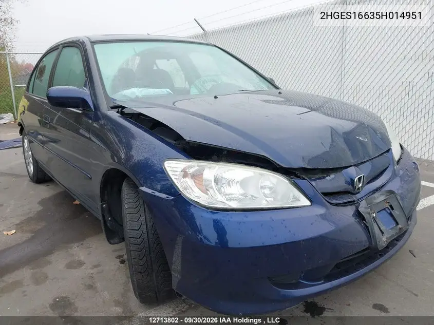 HONDA CIVIC 2005, VIN 2HGES16635H014951