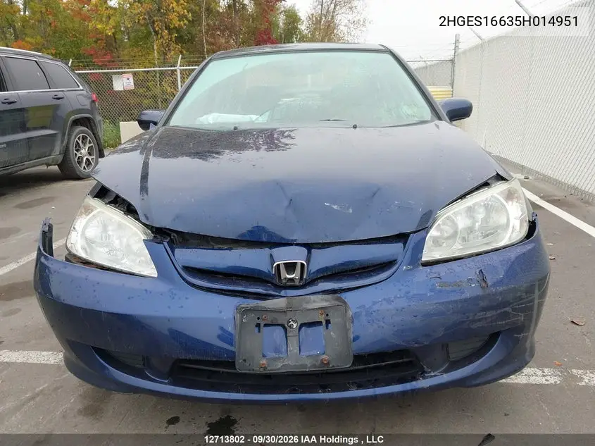 2005 HONDA CIVIC VIN 2HGES16635H014951 — фото 12