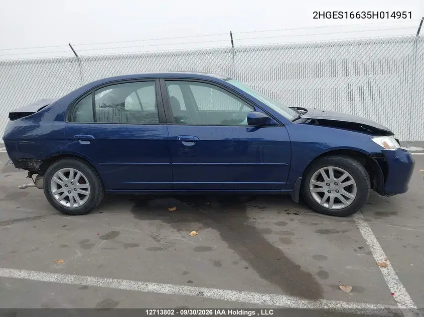 2005 HONDA CIVIC VIN 2HGES16635H014951 — фото 13