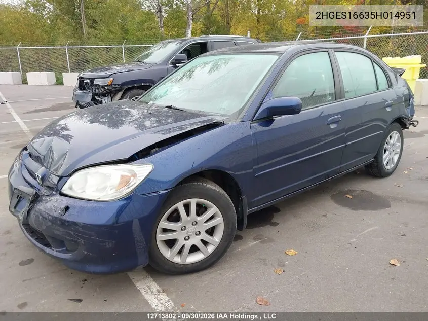 2005 HONDA CIVIC VIN 2HGES16635H014951 — фото 14