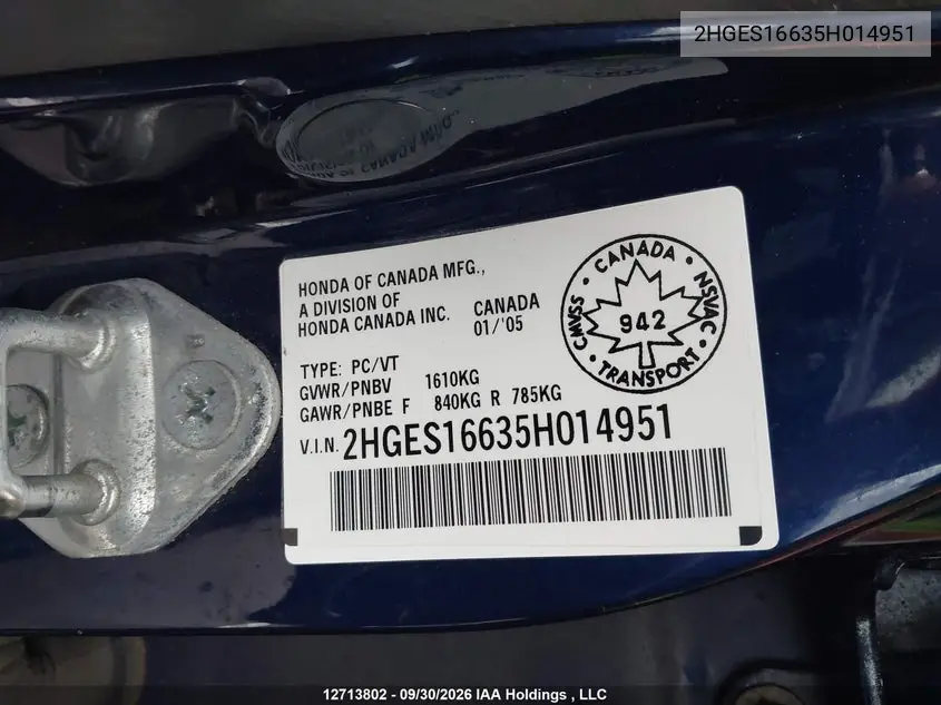 2005 HONDA CIVIC VIN 2HGES16635H014951 — фото 19