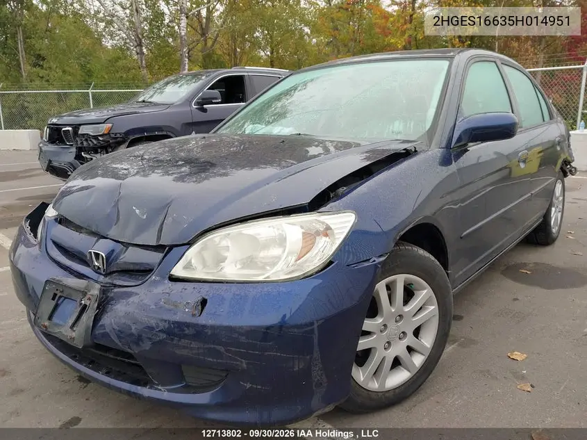 2005 HONDA CIVIC VIN 2HGES16635H014951 — фото 2