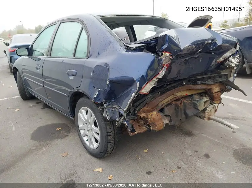 2005 HONDA CIVIC VIN 2HGES16635H014951 — фото 3