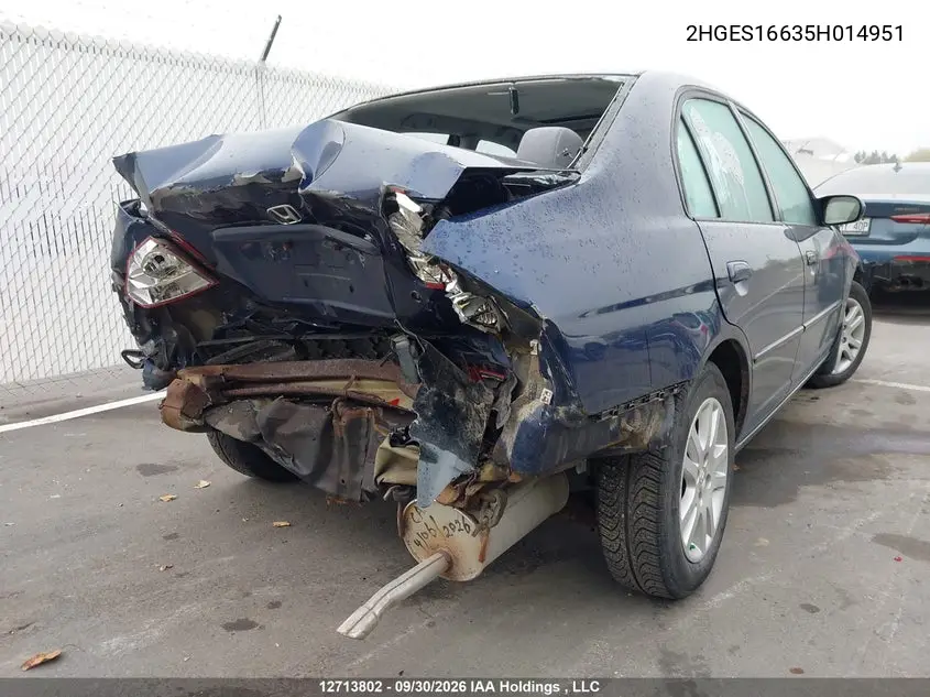2005 HONDA CIVIC VIN 2HGES16635H014951 — фото 4