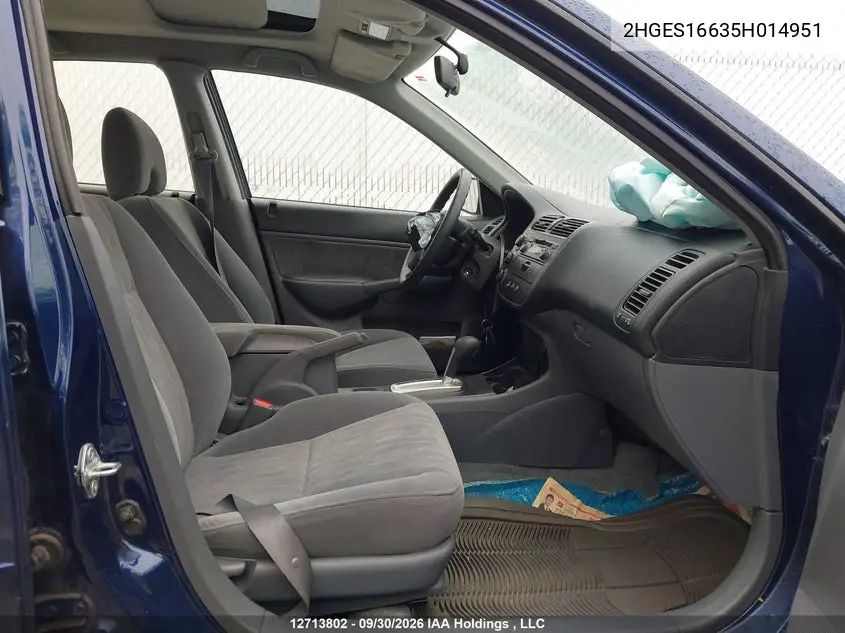 2005 HONDA CIVIC VIN 2HGES16635H014951 — фото 5