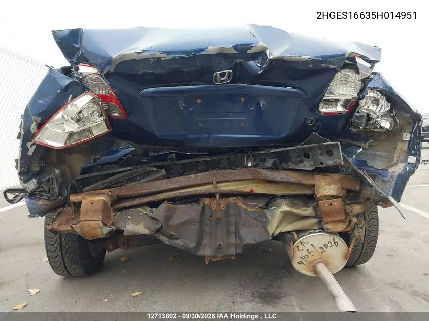 2005 HONDA CIVIC VIN 2HGES16635H014951 — фото 6