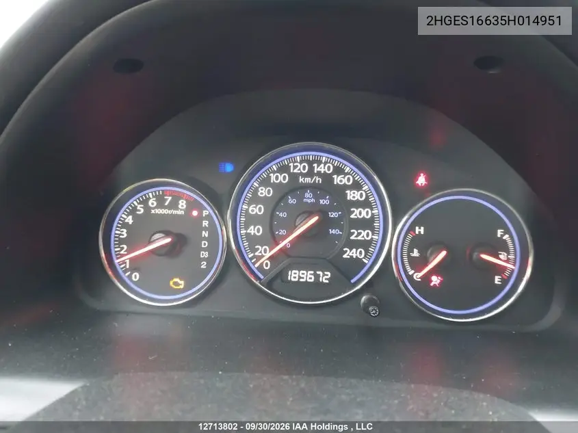 2005 HONDA CIVIC VIN 2HGES16635H014951 — фото 7