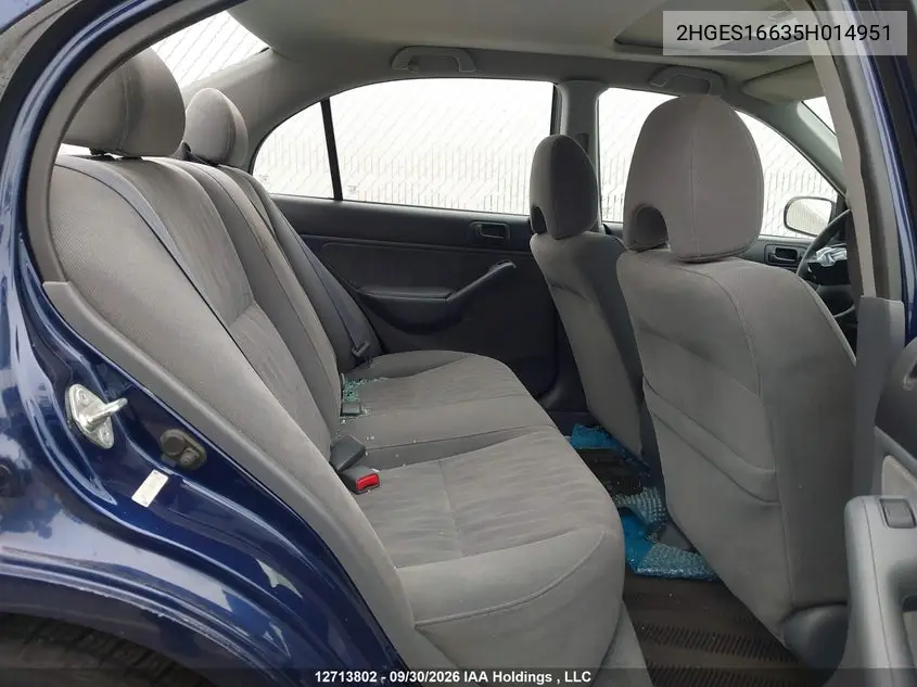 2005 HONDA CIVIC VIN 2HGES16635H014951 — фото 8