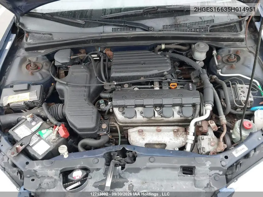 2005 HONDA CIVIC VIN 2HGES16635H014951 — фото 9