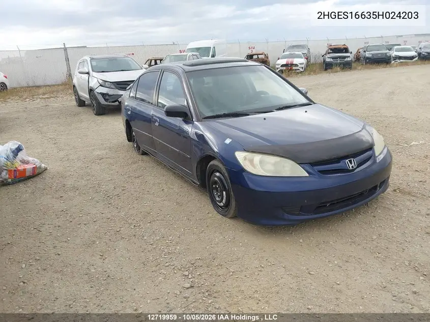 HONDA CIVIC 2005, VIN 2HGES16635H024203