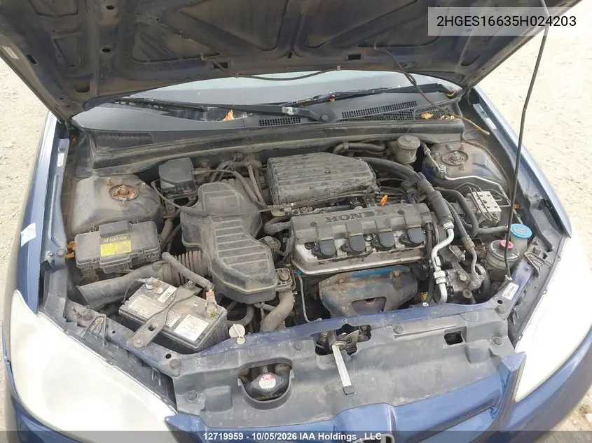 2005 HONDA CIVIC VIN 2HGES16635H024203 — фото 10