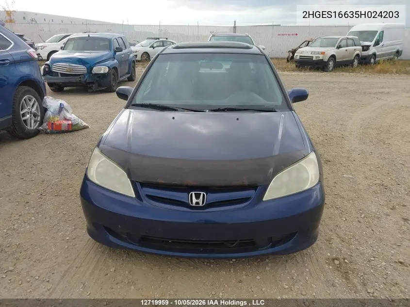 2005 HONDA CIVIC VIN 2HGES16635H024203 — фото 12