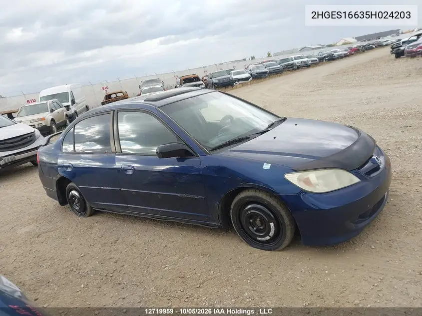 2005 HONDA CIVIC VIN 2HGES16635H024203 — фото 13