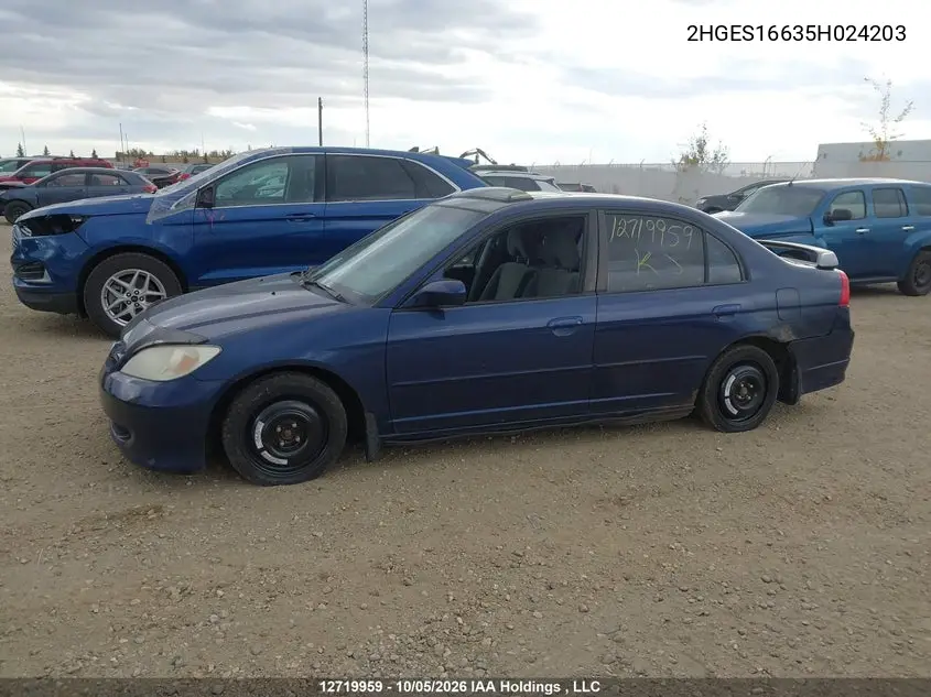 2005 HONDA CIVIC VIN 2HGES16635H024203 — фото 14