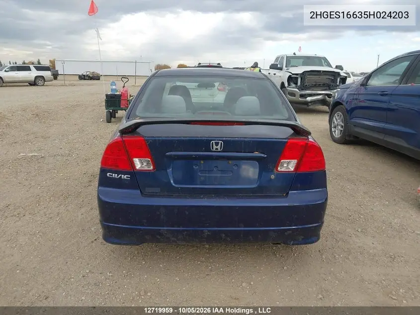 2005 HONDA CIVIC VIN 2HGES16635H024203 — фото 16