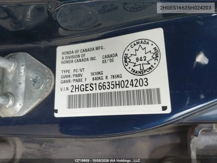 2005 HONDA CIVIC VIN 2HGES16635H024203 — фото 18