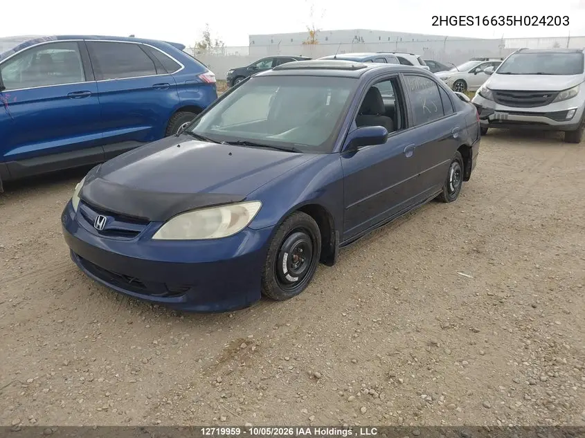 2005 HONDA CIVIC VIN 2HGES16635H024203 — фото 2