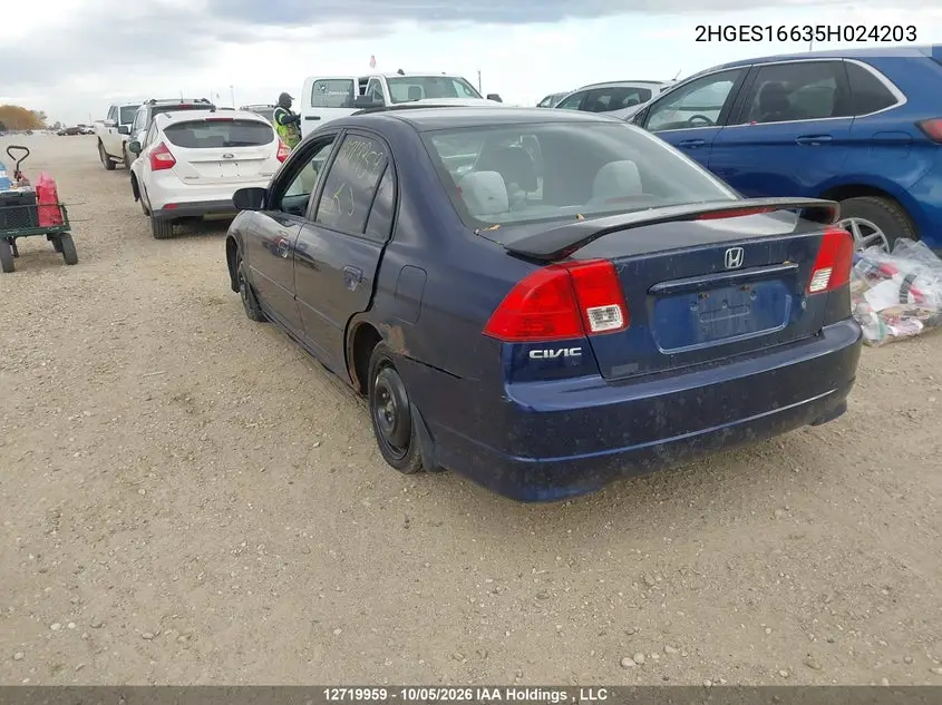 2005 HONDA CIVIC VIN 2HGES16635H024203 — фото 3