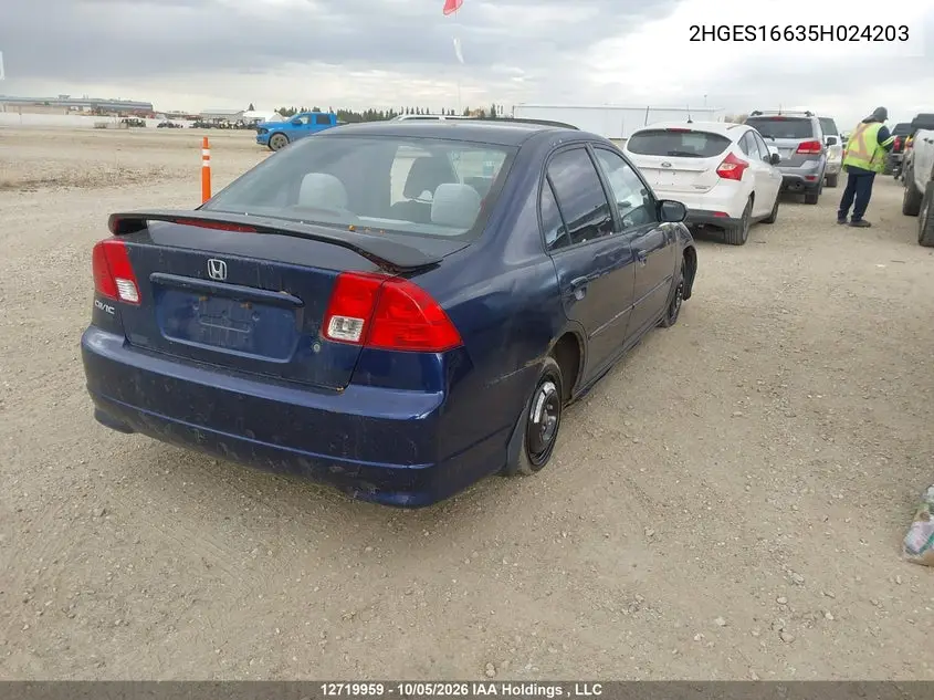 2005 HONDA CIVIC VIN 2HGES16635H024203 — фото 4