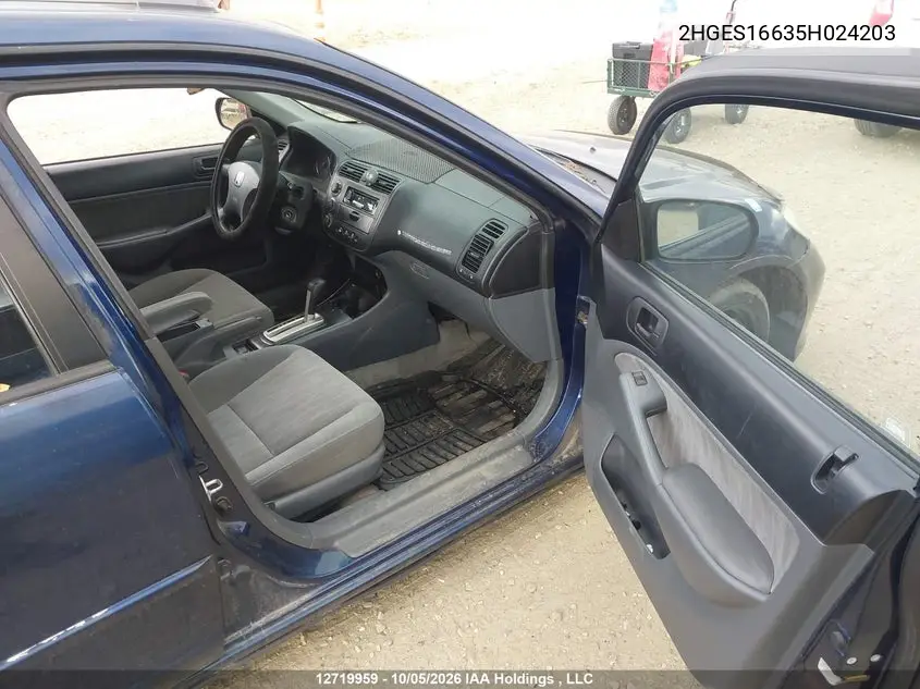 2005 HONDA CIVIC VIN 2HGES16635H024203 — фото 5