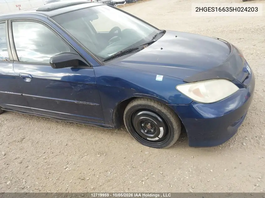 2005 HONDA CIVIC VIN 2HGES16635H024203 — фото 6