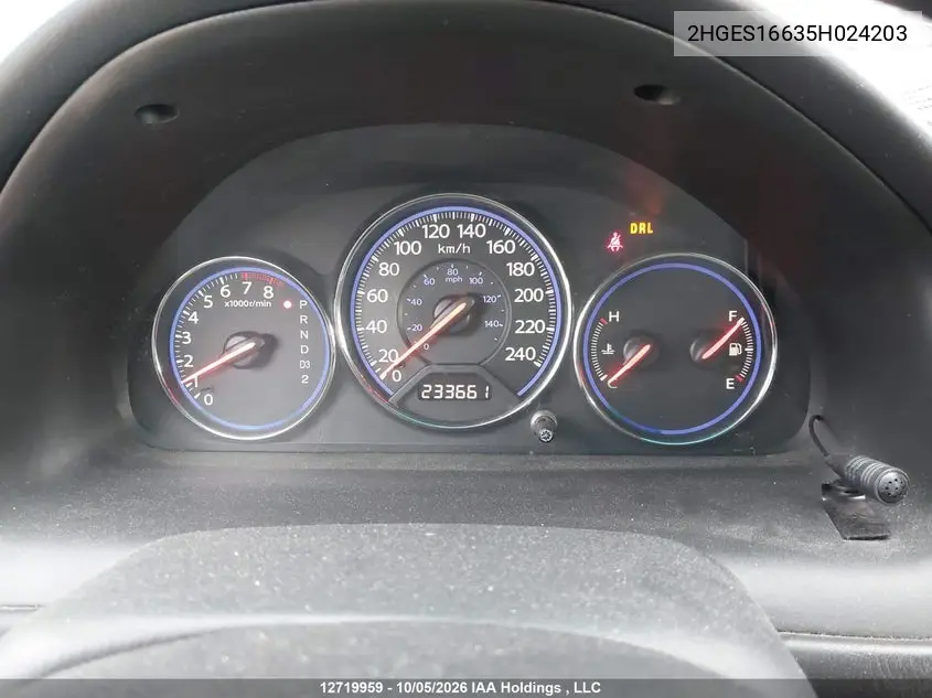 2005 HONDA CIVIC VIN 2HGES16635H024203 — фото 7
