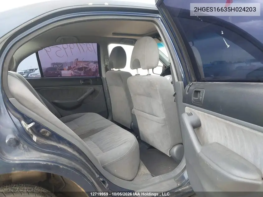 2005 HONDA CIVIC VIN 2HGES16635H024203 — фото 8