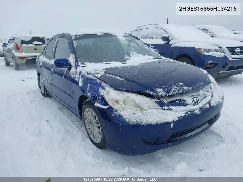 HONDA CIVIC 2005, VIN 2HGES16855H034216