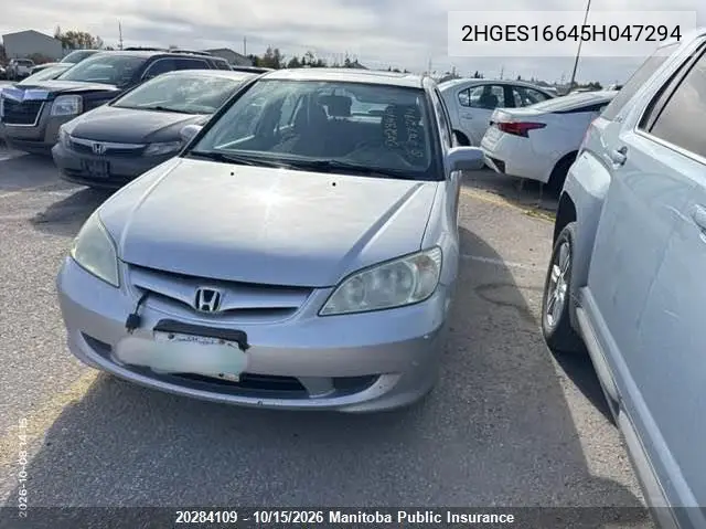 2005 HONDA CIVIC VIN 2HGES16645H047294 — фото 2