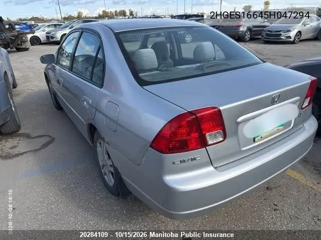 2005 HONDA CIVIC VIN 2HGES16645H047294 — фото 3