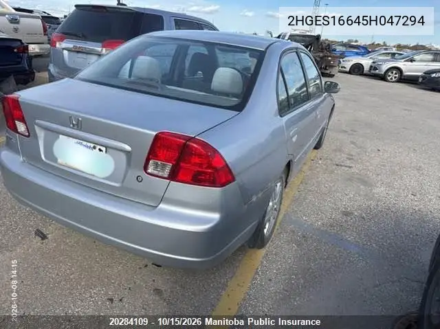 2005 HONDA CIVIC VIN 2HGES16645H047294 — фото 4