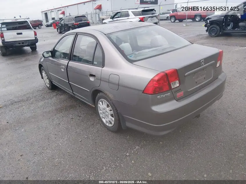 2005 HONDA CIVIC VIN 2HGES16635H531425 — фото 2