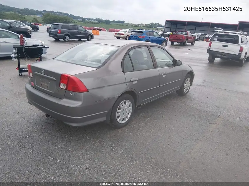 2005 HONDA CIVIC VIN 2HGES16635H531425 — фото 3