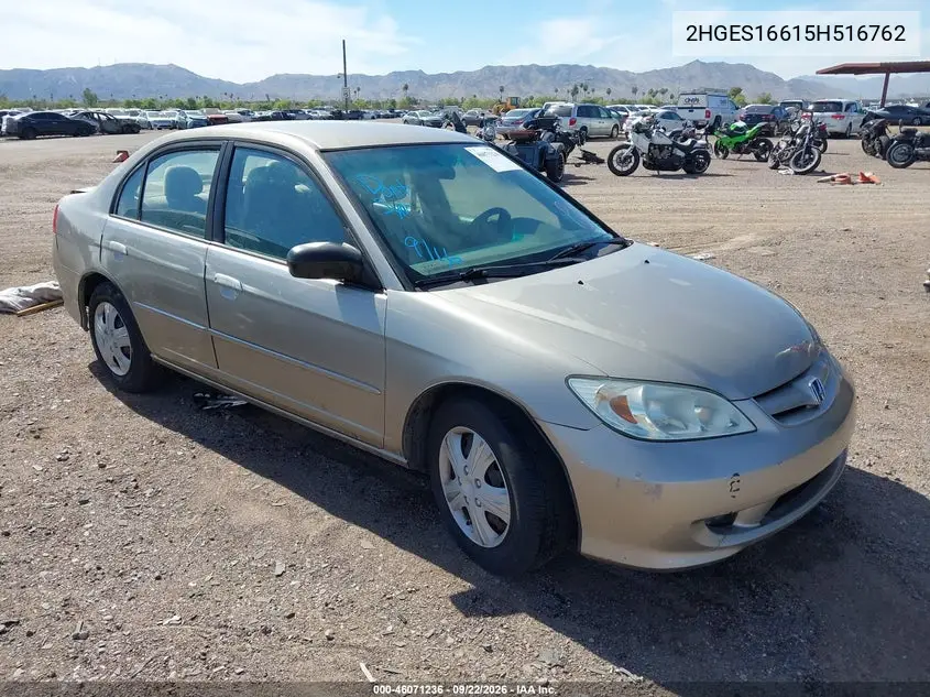 HONDA CIVIC 2005, VIN 2HGES16615H516762