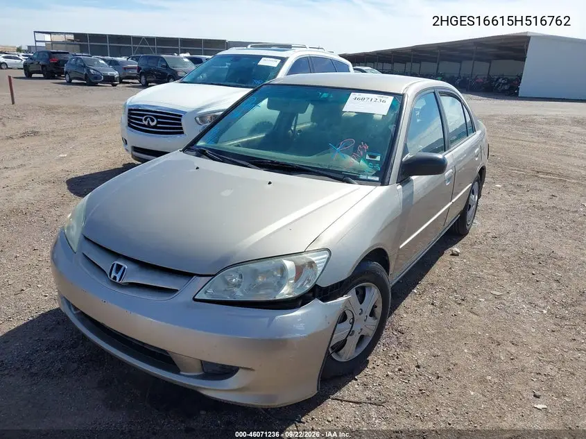 2005 HONDA CIVIC VIN 2HGES16615H516762 — фото 2