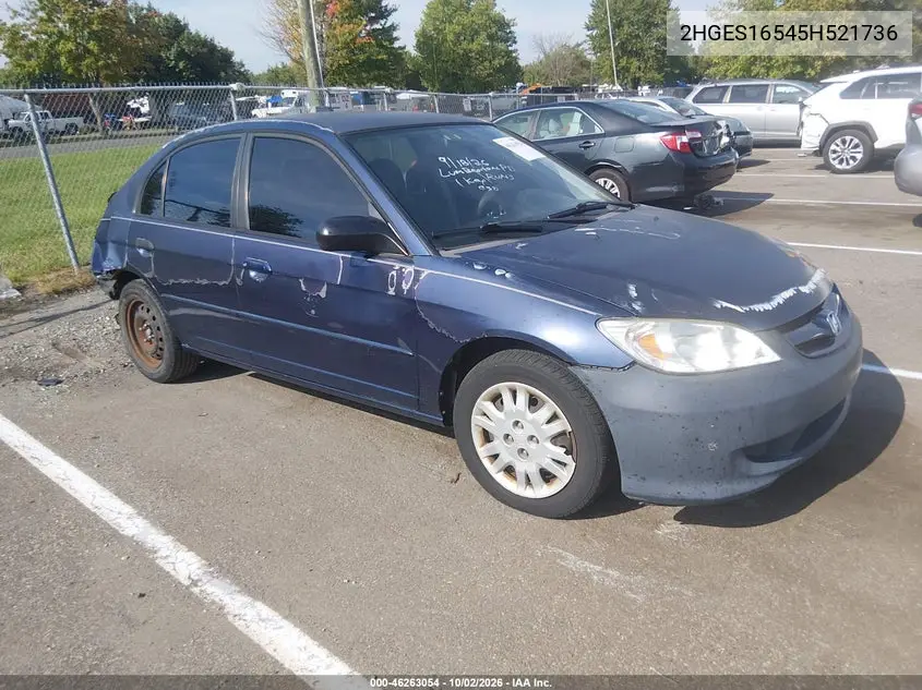 HONDA CIVIC 2005, VIN 2HGES16545H521736