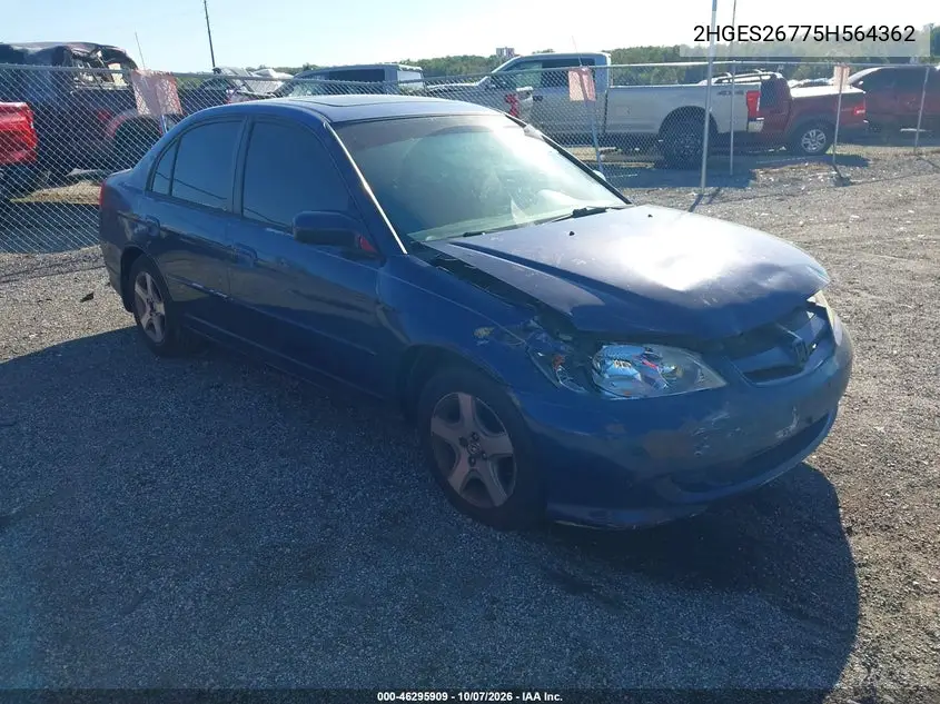HONDA CIVIC 2005, VIN 2HGES26775H564362