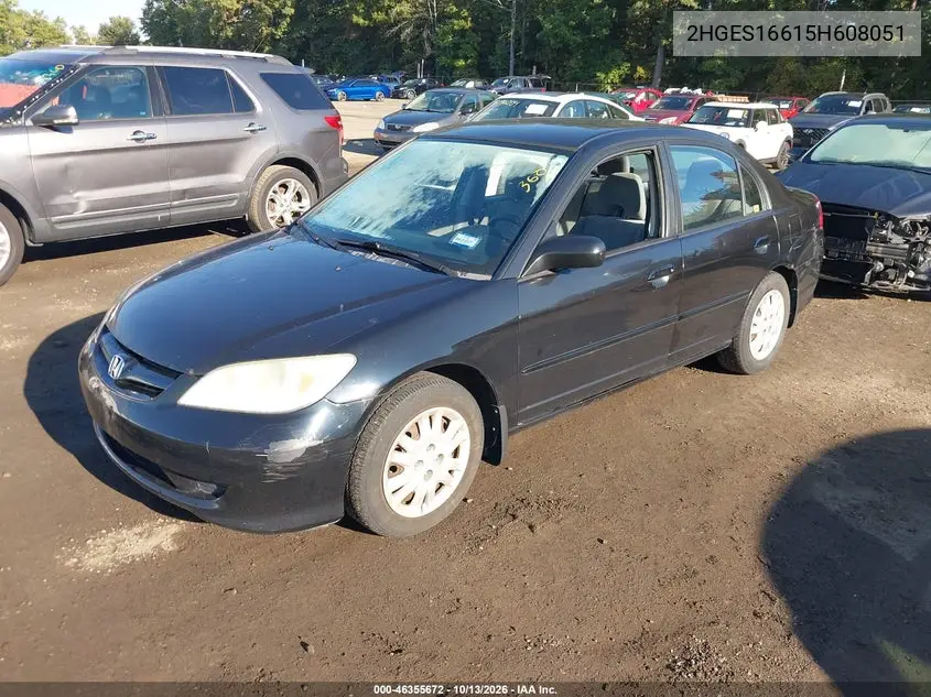 2005 HONDA CIVIC VIN 2HGES16615H608051 — фото 2