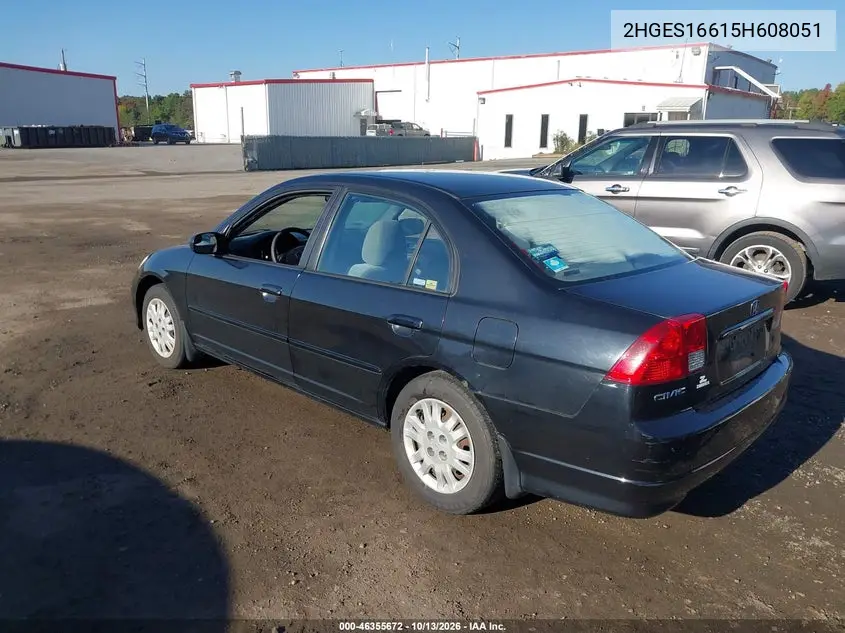 2005 HONDA CIVIC VIN 2HGES16615H608051 — фото 3