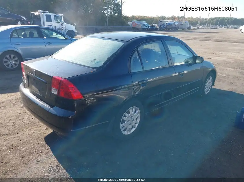 2005 HONDA CIVIC VIN 2HGES16615H608051 — фото 4